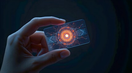 Hand pushing a power button on a futuristic touch screen interface for innovation and business success