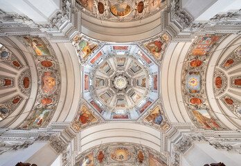 SALZBURG, AUSTRIA - SEPTEMBER 6, 2025: The cupola in the Cathedral wit thze frescoes by Fra Arsenio...