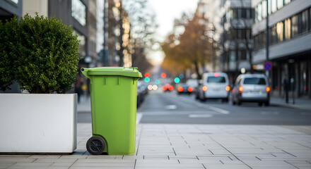 Bright green wheeled trash bin on a city sidewalk