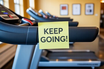 keep going note on gym treadmill. Workout motivation reminder