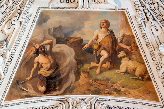 SALZBURG, AUSTRIA - SEPTEMBER 6, 2025: The ceiling paint of Sacrifice of Cain and Abel in the Cathedral by Ludwig Gl&ouml;tzle from second half of 19. cent. 