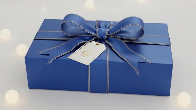 A blue gift box is adorned with a large, elegant bow and a tag on a white surface