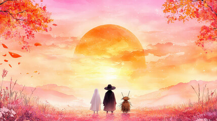 Figures, including gentle ghost and scarecrow, stand observing vibrant, expansive sunset. They contemplate serene beauty of golden hour