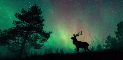 Silhouetted deer and trees under a vibrant aurora borealis
