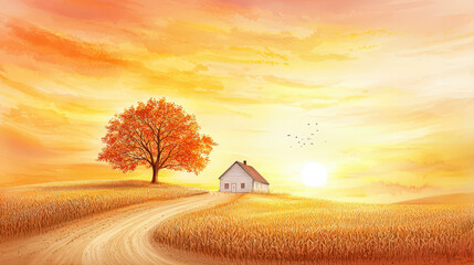Serene farm house and golden autumn tree glowing in warm sunset light. This peaceful rural landscape painting evokes calm tranquility