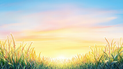 Serene green grass field glowing in warm sunrise light under beautiful sky. Peaceful nature landscape background with morning sun shining