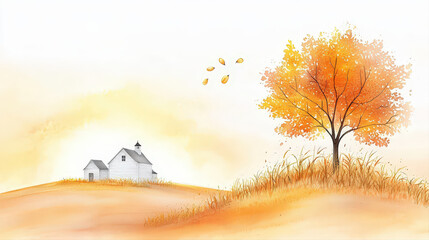 Peaceful autumn landscape illustration with warm orange tree and house on hill at sunset. gentle and simple scenic watercolor