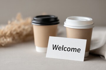 Welcome sign with disposable coffee cups on neutral background