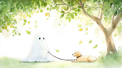 Cute ghost illustration with dog sitting peacefully under green tree. This gentle watercolor shows friendship and tranquility in nature