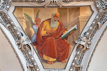 SALZBURG, AUSTRIA - SEPTEMBER 6, 2025: The ceiling fresco of St. Matthew the Evangelist in the...