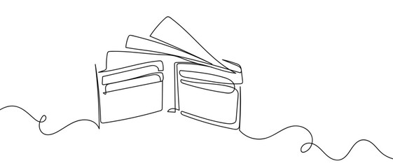 Opened wallet with banknotes inside. Continuous line drawing hand drawn line art on transparent background. One line continuous outline isolated vector illustration. Editable stroke