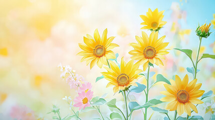 Cheerful sunflower in bright pastel field. Yellow flower in summer garden with soft watercolor background illustration evoking warmth