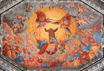 SALZBURG, AUSTRIA - SEPTEMBER 6, 2025: The ceiling fresco of Apotheosis of St. Francis of Assisi in...