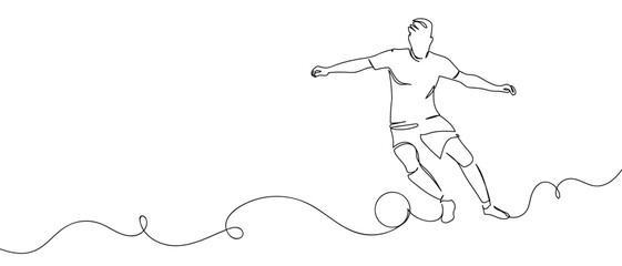 Football player kicking a soccer ball, continuous line drawing hand drawn line art on transparent background. One line continuous outline isolated vector illustration. Editable stroke © Proongnee