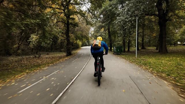 4K footage of a man cycling through a forest path surrounded by autumn leaves and trees on Ada Ciganlija Island in Belgrade, Serbia. Captured in motion from behind