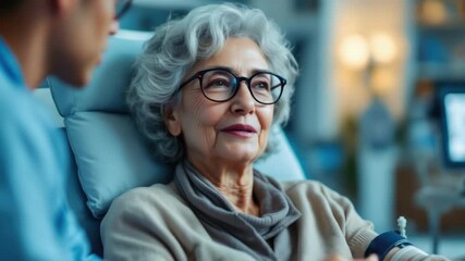 Elderly caucasian woman in home setting smiling in conversation with asian adult - Powered by Adobe