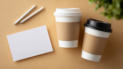 Two coffee cups with cardboard sleeves on brown surface with pens and card