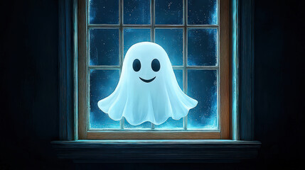 Cute friendly ghost, happy supernatural spirit glowing at night. Whimsical cartoon character floating in front frosted cold winter window