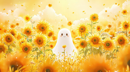 Cute gentle spirit, happy ghost character standing in yellow sunflower field. whimsical fantasy scene filled with bright summer light