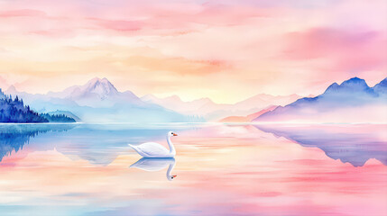 Watercolor painting, elegant swan calm lake. Reflecting majestic mountain, vibrant dawn sky. truly peaceful, serene, tranquil scene, inspiring
