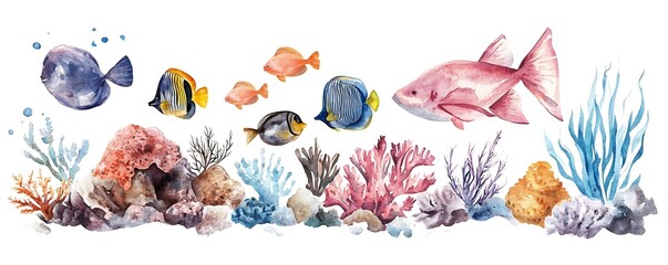 Watercolor tropical fish border illustration with coral reef and ocean plants, underwater watercolor sea life clipart border with colorful fish, marine watercolor ocean border illustration for design 