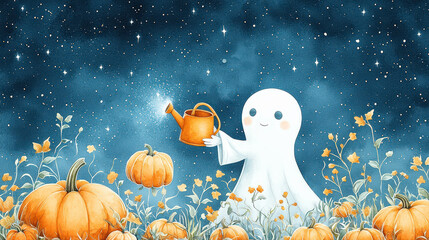 Friendly ghost cheerfully waters shimmering pumpkin plants vast starry night sky. Adorable character nurtures autumnal garden with magical glow