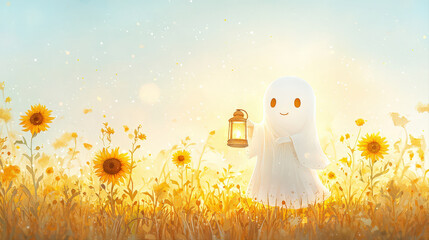 Little ghost holding glowing lantern in sunny sunflower field, appearing joyful and whimsical under bright golden light