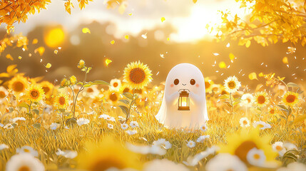 Cute ghost creature holds glowing lantern sunflower field golden sunlight. Whimsical fantasy setting evokes serene, surprised expression