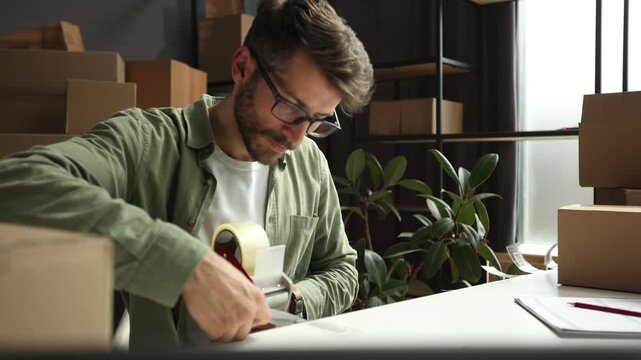 A man is using a tape dispenser to seal a package
