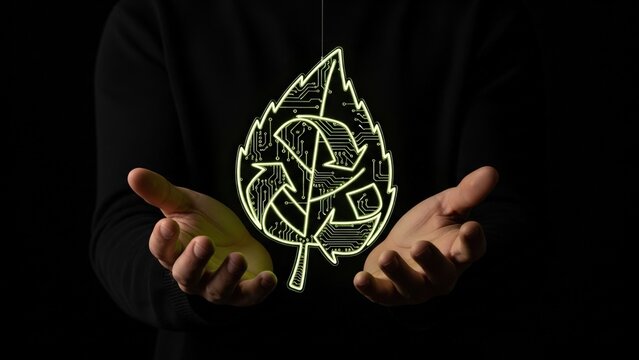 Mans Hands Cupping Glowing Leaf Circuit Board Symbol of Eco technology