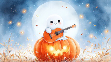 Joyful ghost performs large pumpkin, strumming guitar with cheerful expression. Bright moonlight illuminates whimsical autumn scene, surrounded by