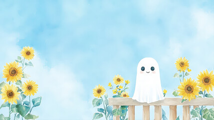 Cute white ghost sits on wooden fence among bright yellow sunflowers, appearing peaceful and innocent under clear blue sky