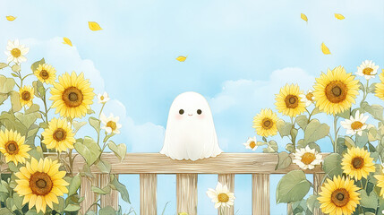 Shy little ghost peers cheerfully from behind sturdy wooden fence