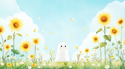 Joyful little ghost stands peacefully among vibrant tall sunflowers under bright blue sky, embracing cheerful summer sunlight