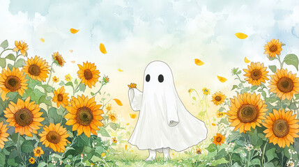 Little ghost walks gently through vibrant sunflower path. curious spirit enjoys peaceful
