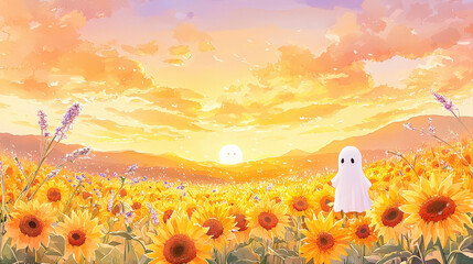 Little ghost peacefully observes vibrant sunset over golden sunflower field.