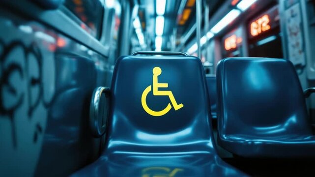 Accessible seating on modern subway with bright symbol in focus