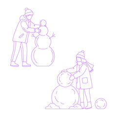 Line art illustration of person making a snowman