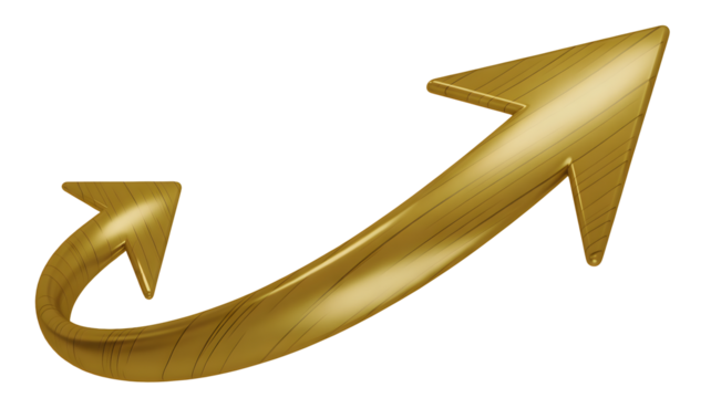 Golden curved arrow pointing up symbolizing growth, progress, and success, perfect for presentations, websites, or marketing materials, inspiring confidence