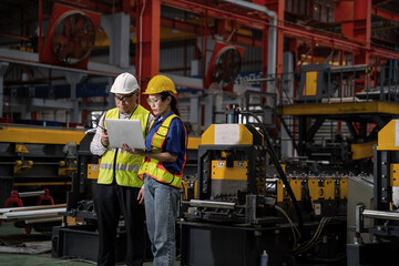 Two workers in a factory looking at a laptop