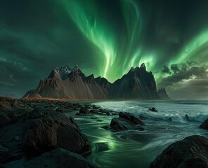 Naklejka premium Majestic Northern Lights over Icelandic Coastline