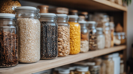 Family organizing pantry with dried foods and grains, winter readiness and sustainability concept