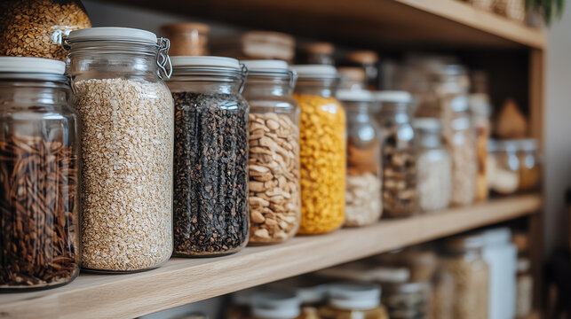 Family organizing pantry with dried foods and grains, winter readiness and sustainability concept
