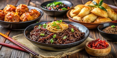 Fototapeta premium Delicious Asian Cuisine: Jajangmyeon, Jjamppong, Fried Dumplings & Fried Rice