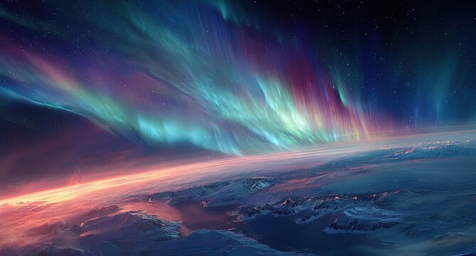 Vast aurora borealis over a snowy planet
