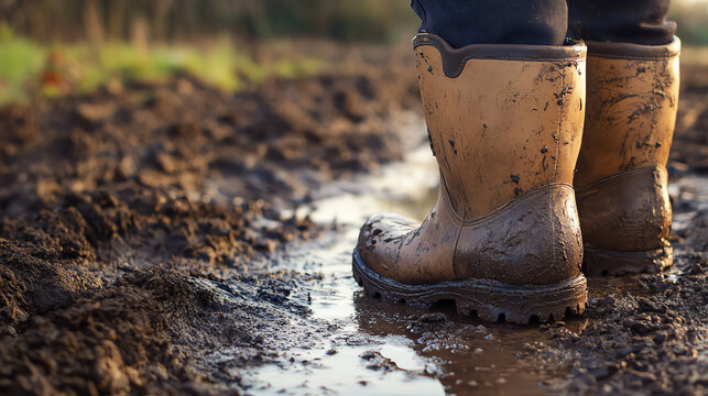 Farmer s boots standing in muddy path, transition from autumn to winter concept