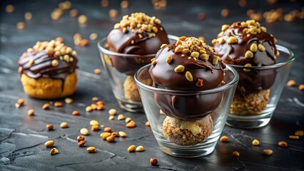 Delicious Chocolate Profiteroles in Glass Cups with Nuts - Gourmet Dessert Stock Photo