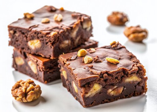 Delicious Chocolate Walnut Brownies on White Background - Gourmet Dessert Photography