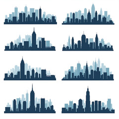Fototapeta premium Collection of eight diverse city skyline silhouettes isolated on white background
