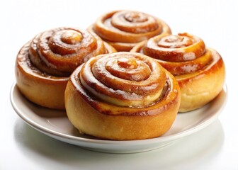 Fototapeta premium Delicious Freshly Baked Cinnamon Rolls on White Plate - Sweet Pastry